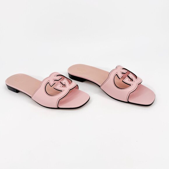 Gucci Cosmos GG Cutout Slide Sandals Size 40 US 10 Pink Leather Flat Interlock - Picture 1 of 13